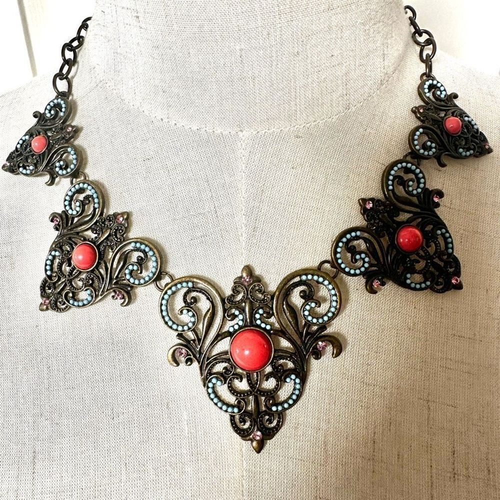Plunder copper tone orange blue statement necklace
